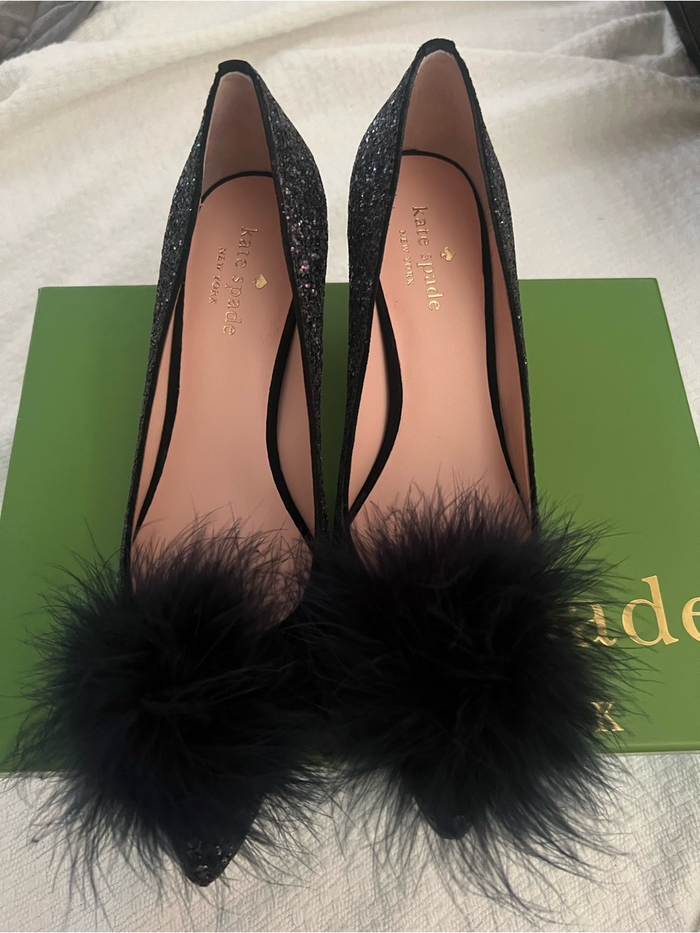 kate spade Navy Glitter Pointed Toe Pom-Pom Flats